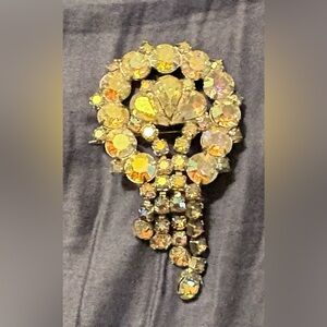 Vintage Gold Waterfall Dangle Aurora Borealis Crystal Brooch